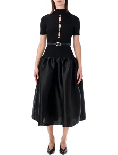 Self-portrait Black Knit And Taffeta Midi Dress