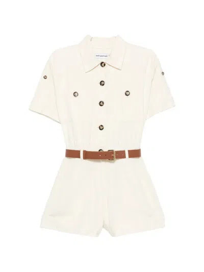 Self-portrait Self-tie Button-front Down Dress With Removable Belt And Pockets In White