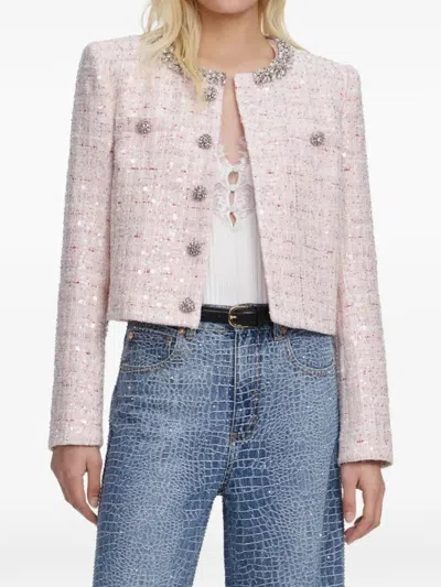 Self-portrait Cropped Boucle Jacket Sequin Neckline Detail In Pink