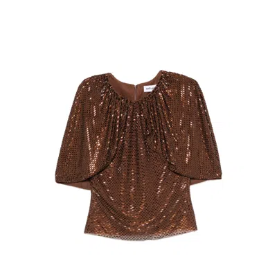 Self-portrait Sequin Cape-sleeve Blouse In Brown