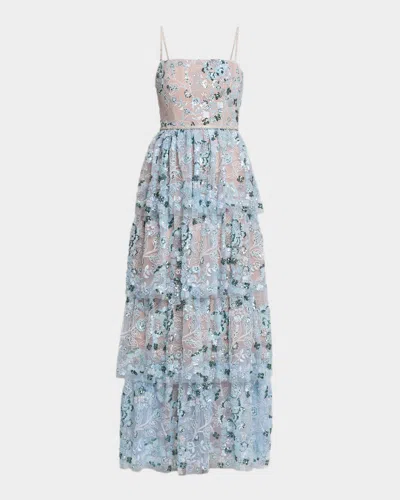 Self-portrait Sequin Embellished Tiered Midi Dress In Blue