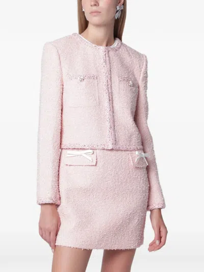 Self-portrait Cropped Tweed Jacket Textured Buttons Pockets In Pink