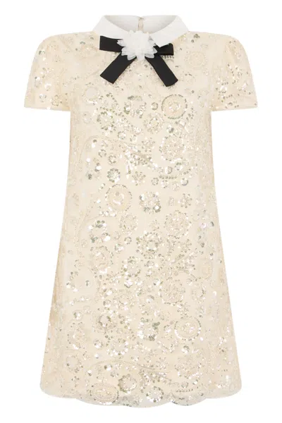 Self-portrait Sequin-embellished Floral Lace Mini Dress In Neutral