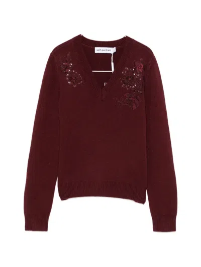 Self-portrait Sequin-embellished Floral-patch Sweater In Brown