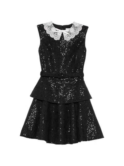 Self-portrait Textured Mini Dress With Lace Collar And Fitted Bodice In Black