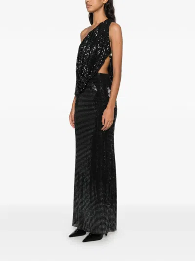 Self-portrait Sequin-embellished One-shoulder Maxi Dress In Black
