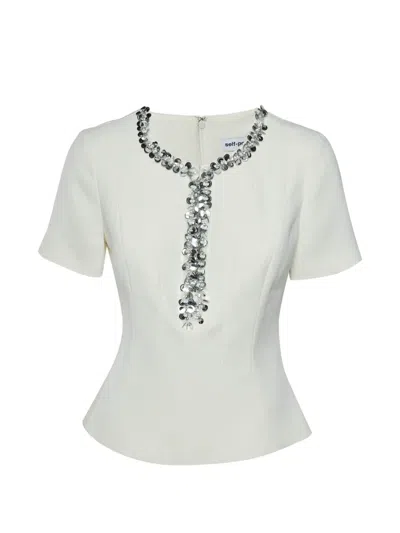 Pre-owned Self-portrait Sequin-embellished Plunge-neck Short-sleeved Blouse In White
