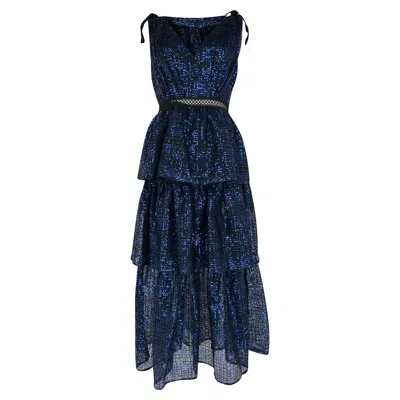 Pre-owned Self-portrait Sequin-embellished V-neck Mesh Midi Dress In Blue Polyester