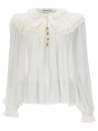 Self-portrait Sheer Ruffle Trim Tie-neck Blouse In White