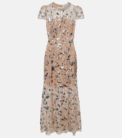 Self-portrait Silver Sequin Embellished Midi Dress With Flared Silhouette In White