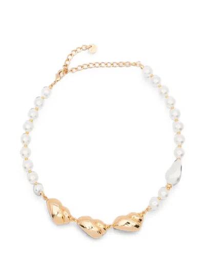 Self-portrait Shell-detail Faux-pearl Necklace In Gold