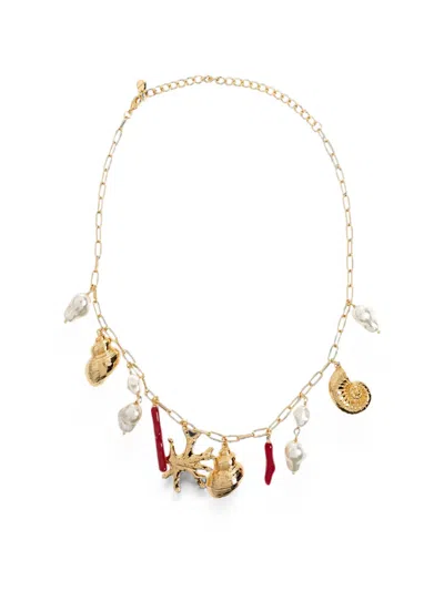 Self-portrait Faux Pearl-embellished Charm Necklace In Gold