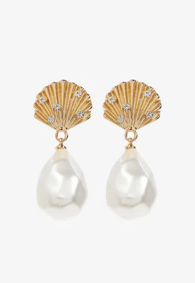 Self-portrait Shell-shaped Faux Pearl Drop Earrings In Gold