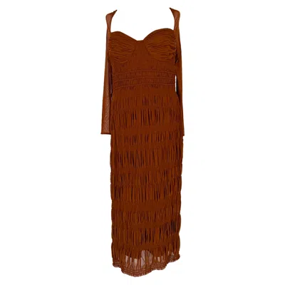 Pre-owned Self-portrait Shirred Midi Dress In Brown Polyester