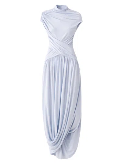 Self-portrait Shirred Midi Dress With Wrap Bodice And Pleated Skirt For Women In Blue