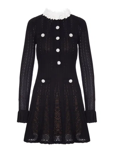 Self-portrait Short Dress In Openwork Knit With Floral Collar And Jewel Buttons In Black