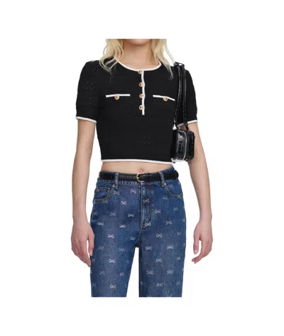 Self-portrait Cropped Button-embellished Metallic Cotton-blend Pointelle-knit Top In Black