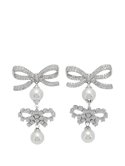 Self-portrait Bow Crystal Drop Earrings Pearl Accents In Neutral