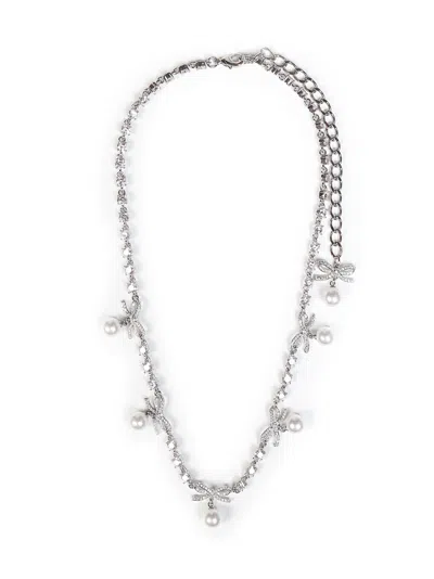 Self-portrait Silver Crystal Bow Pearl Charm Necklace<br/>