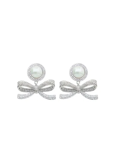 Self-portrait Silver Crystal Bow Pearl Earrings In Yellow