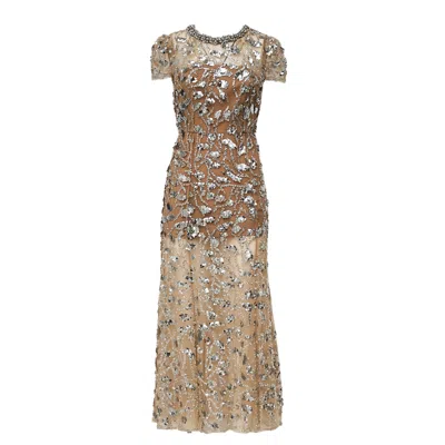Self-portrait Silver Sequin Embellished Midi Dress With Flared Silhouette In Brown