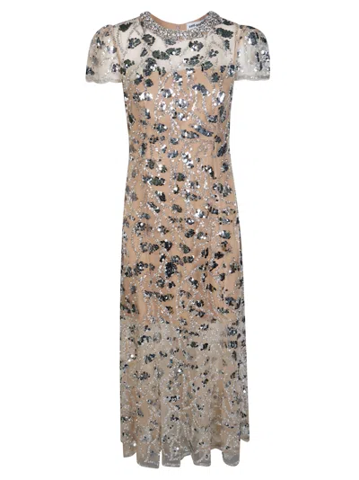 Self-portrait Silver Sequin Embellished Midi Dress With Flared Silhouette In White
