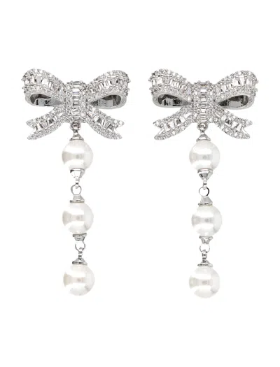Self-portrait Silver-tone Bow Mini Drop Earrings With Faux Crystal Droplets In Argento