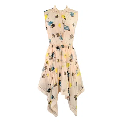 Pre-owned Self-portrait Size 2 Pink Green Black Chiffon Floral Pleated High Neck Midi Dress