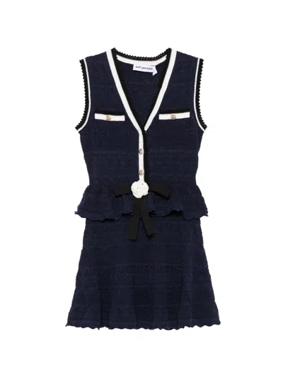 Self-portrait Size S Floral Bow Button-front Dress With Contrasting Trim Mini Corsage Detail In Blue