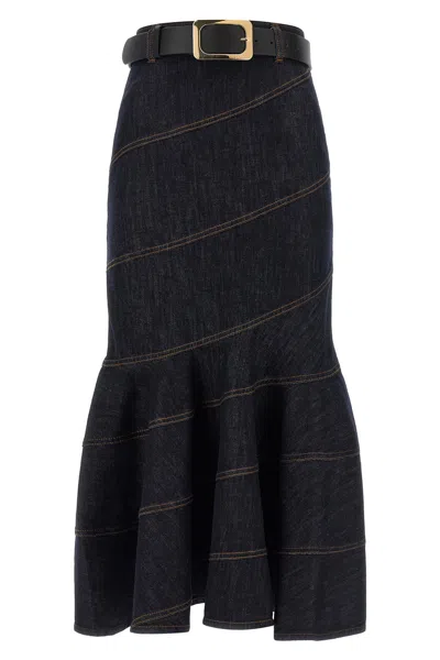 Self-portrait Skirt 'indigo Denim Belted Midi' In Blue