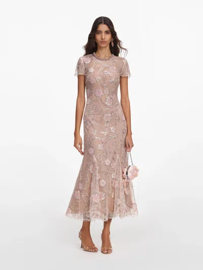 Self-portrait Pink Flower Sequin Embellished Midi Dress In Animal Print