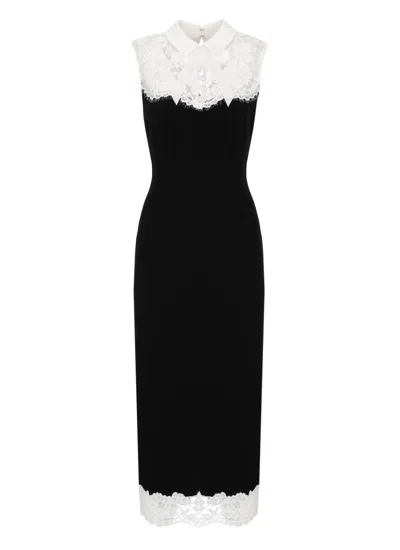 Self-portrait Sleeveless Black Midi Dress With Floral Lace And Statement Collar In Multi