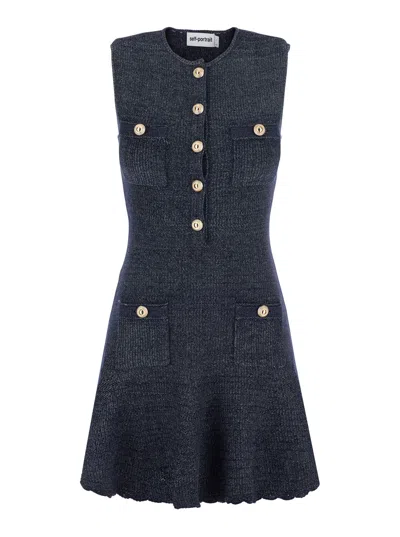 Self-portrait Sleeveless Mini Dress With Round Neck And Patch Pockets In Blue