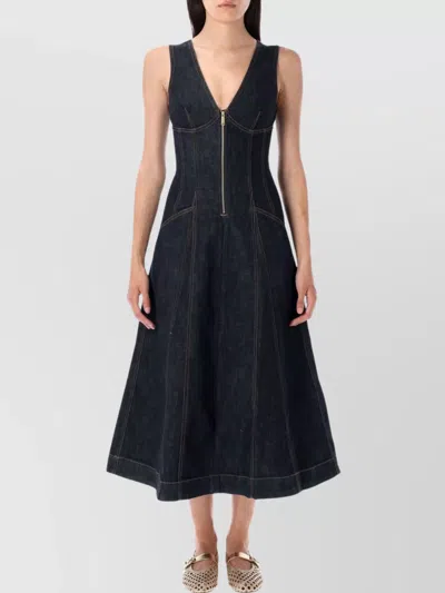 Self-portrait Sleeveless V-neck Denim Dress With Contrast Stitching In Black