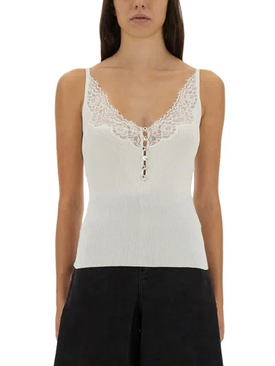 Self-portrait Slim Fit Ribbed Knit Top With Lace In White