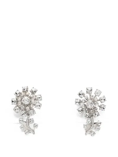 Self-portrait Small Silver Flower Crystal-embellished Earrings In Gray