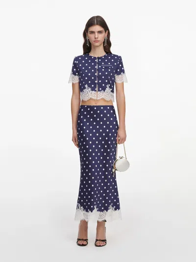 Self-portrait Navy Polka Dot Satin Midi Skirt In Blue
