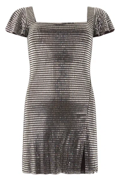 Self-portrait Square-neck Rhinestone Tulle Mini Dress With Puff Sleeves In Silver