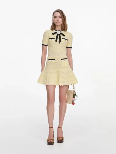 Self-portrait Yellow Cotton Blend Openwork Knit Mini Dress