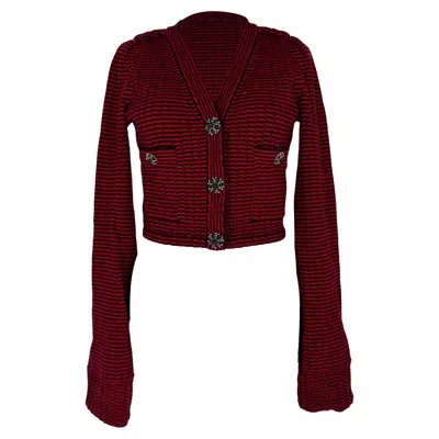 Pre-owned Self-portrait Striped Cropped Cardigan In Red Cotton