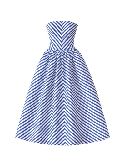 Self-portrait Strapless Striped Taffeta Midi Dress In Blue