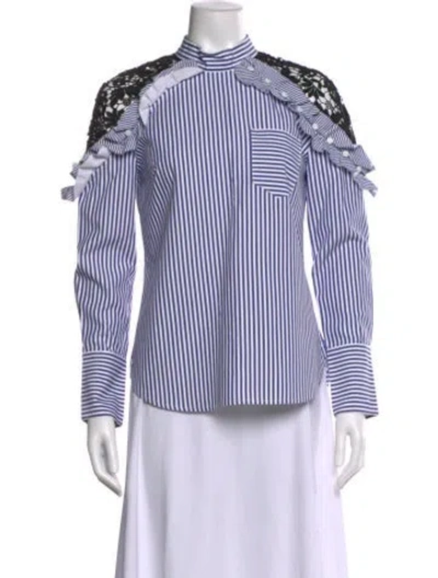 Pre-owned Self-portrait Striped Mock Neck Blouse In Blue
