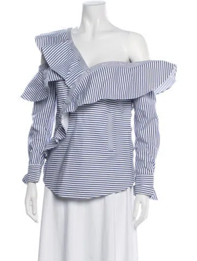 Pre-owned Self-portrait Striped Off-the-shoulder Blouse In Blue