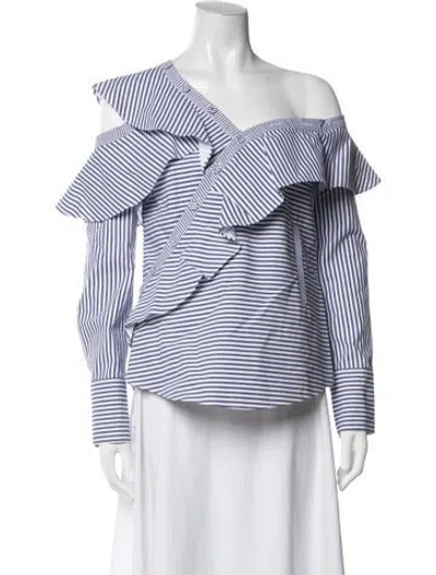 Pre-owned Self-portrait Striped Off-the-shoulder Blouse In Blue/white