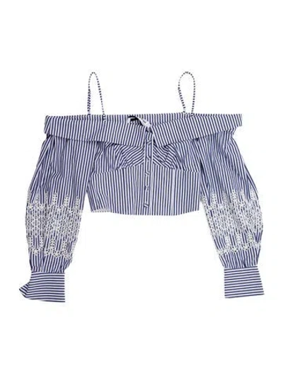 Pre-owned Self-portrait Striped Off-the-shoulder Blouse W/ Tags In Blue