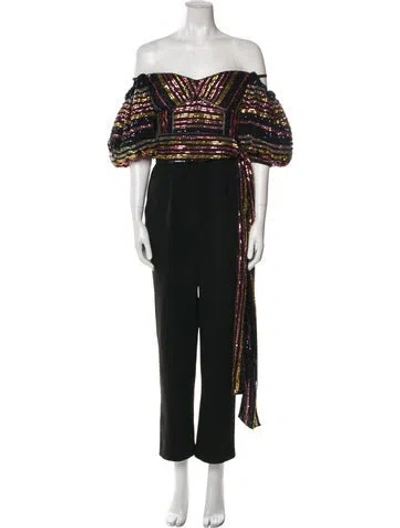 Pre-owned Self-portrait Striped Off-the-shoulder Jumpsuit In Black