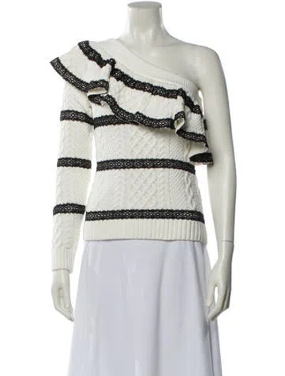 Pre-owned Self-portrait Striped One-shoulder Sweater In White