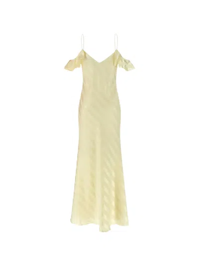 Self-portrait Dress Yellow Satin Striped Maxi Dress With V-neck In Yellow Silk For Women In Multi