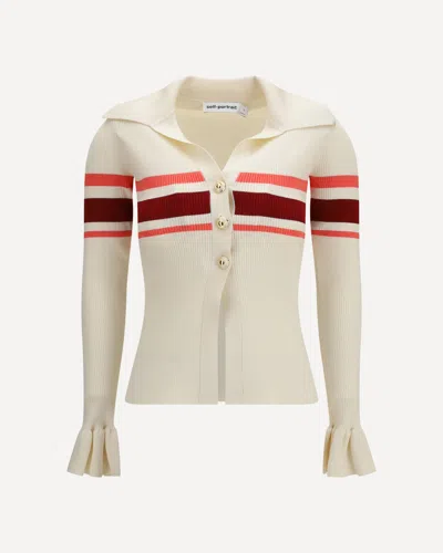 Self-portrait Cream Stripe Viscose Knit Button Top In White