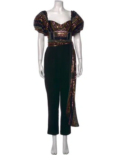 Pre-owned Self-portrait Striped V-neck Jumpsuit In Black
